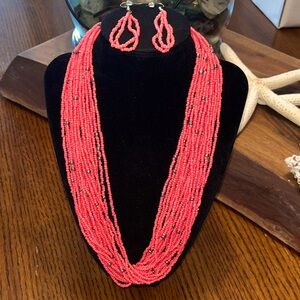 Pink Seed Bead Necklace and Earring Set